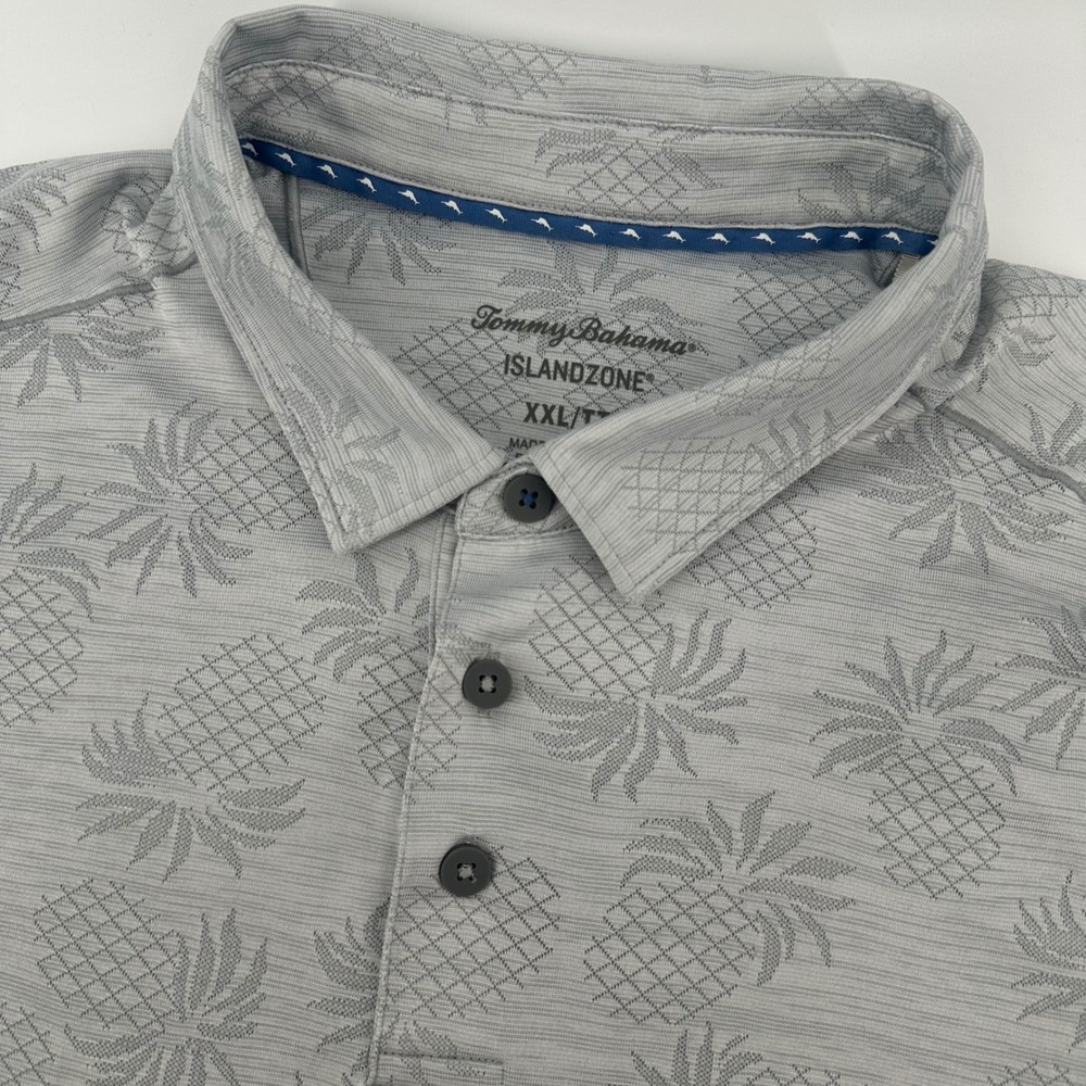 Tommy Bahama Polo Shirt Mens XXL‎ Grey Pineapple IslandZone Tropical Luau Golf